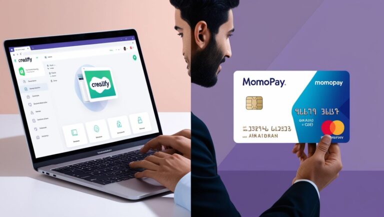 Split-screen image_ One side shows a person working on a laptop with Creatify open, and the other side shows a MoMoPay card with secure payment icons._